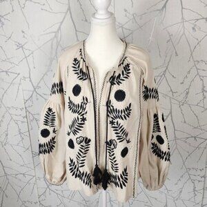 Zara Beige Floral Embroidered Cotton Linen Tassel Lantern Sleeve Jacket